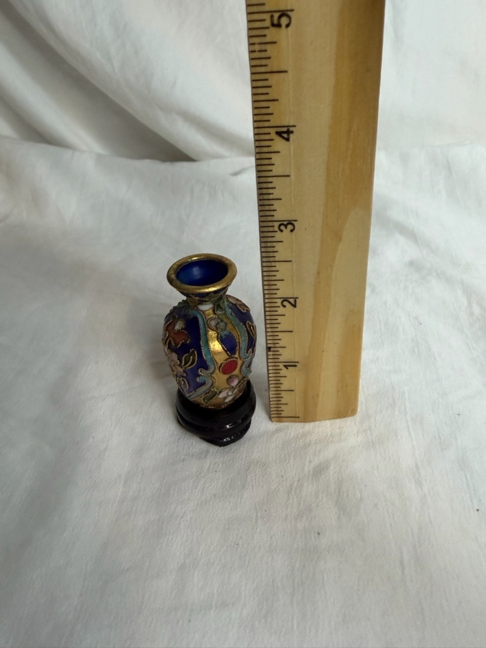 Vintage Mini Cobalt Blue Cloisonné Vase with Wood Stand - 2" Floral Enamel - Picture 10 of 10